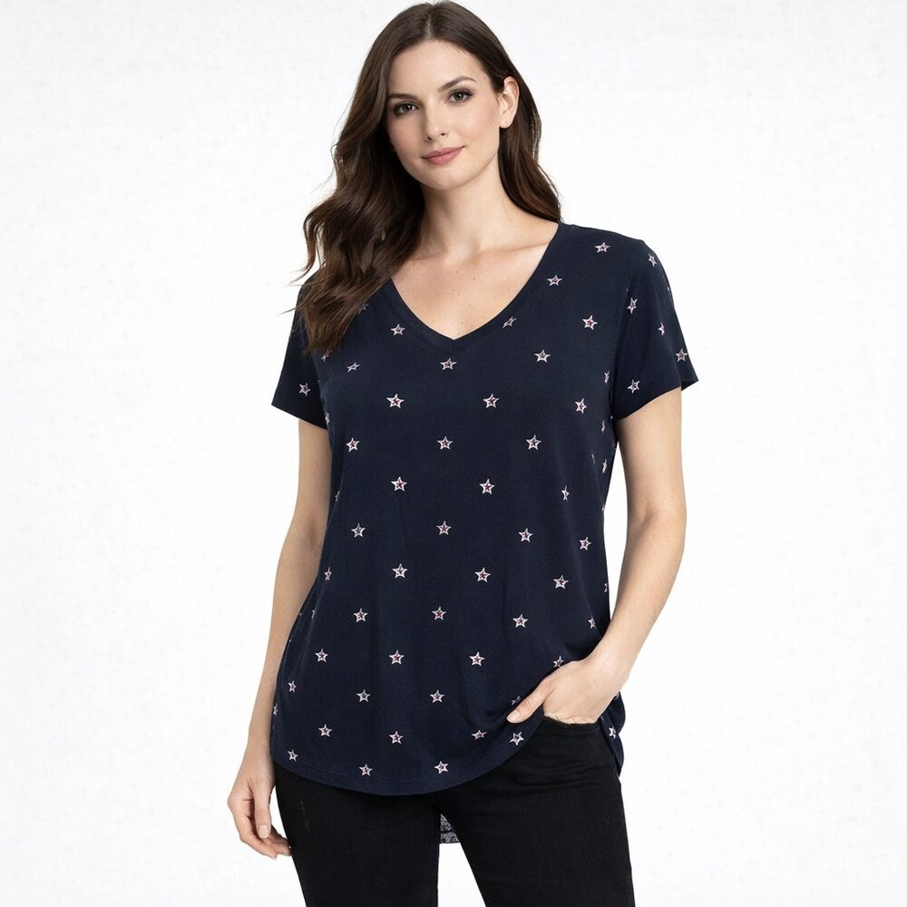 Tommy Hilfiger Women's V-Neck T-Shirt, stars print in a navy blue cotton Large